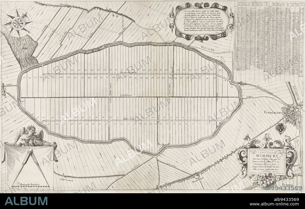 Map of the Wormer polder, or Wijdewormer, with plot division. Top left a compass rose. Bottom left an angel, showing a canvas with an open compass above a scale pole: 300 Rynlantse roeden. Top right an extensive table with information about the 119 lots numbered on the map. On the left a cartouche with ten lines of text in Dutch. Bottom right the title cartouche. Above it the coat of arms of Purmerend, next to a map of that city, Map with the parcels of the Wormer Caerte vande Wormer with its weighing waterings and fan-mills ...., print maker: Laurens van Teylingen, (mentioned on object), Reijer Cornelisz. Schout, (mentioned on object), Pieter van der Meersch, (mentioned on object), 1627, paper, engraving, h 467 mm × w 738 mm.