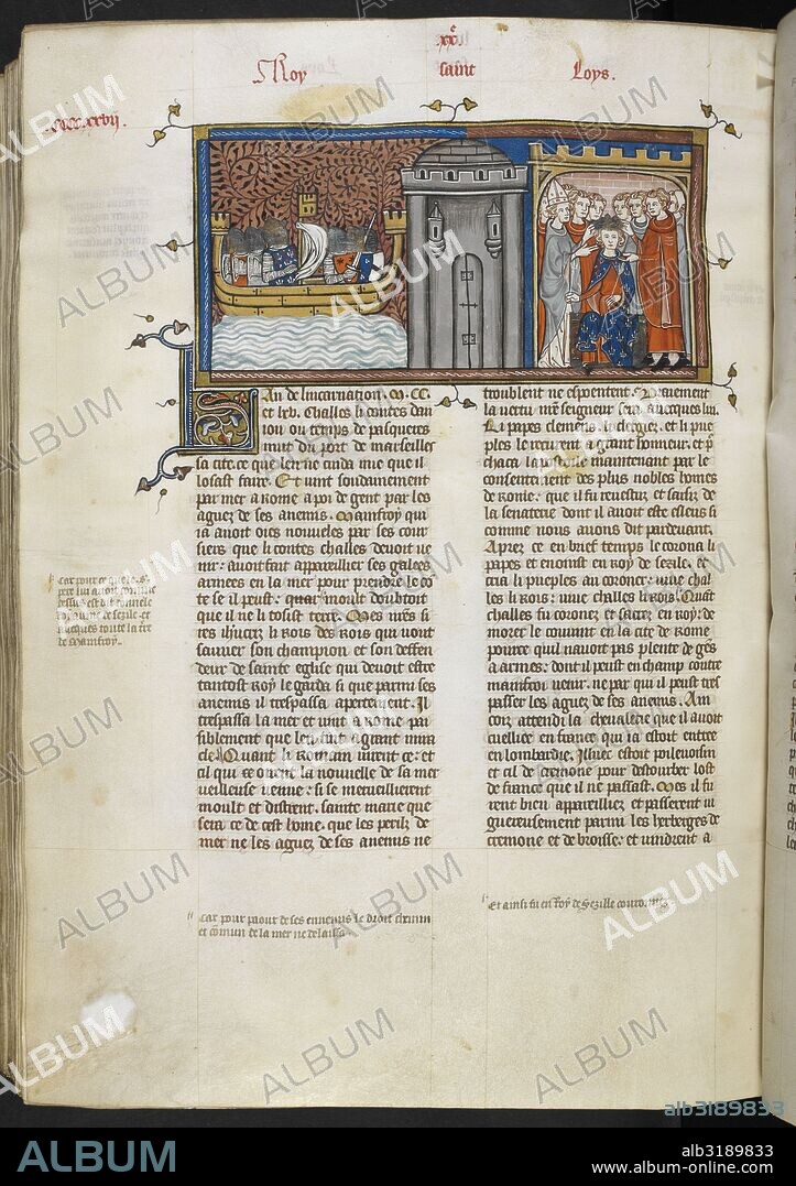 Charles I of Anjou; King of Naples and Sicily (1265-85); 1226-1285.-Charles I of Anjou going to Rome by sea / Investiture with the kingdom of Sicily by Pope Clement IV on November 4th, 1265.-Ms.illumination, French, c.1335/40. Fr.: Grandes Chroniques de France. Ms. Royal 16 G VI, fol.429 v,.