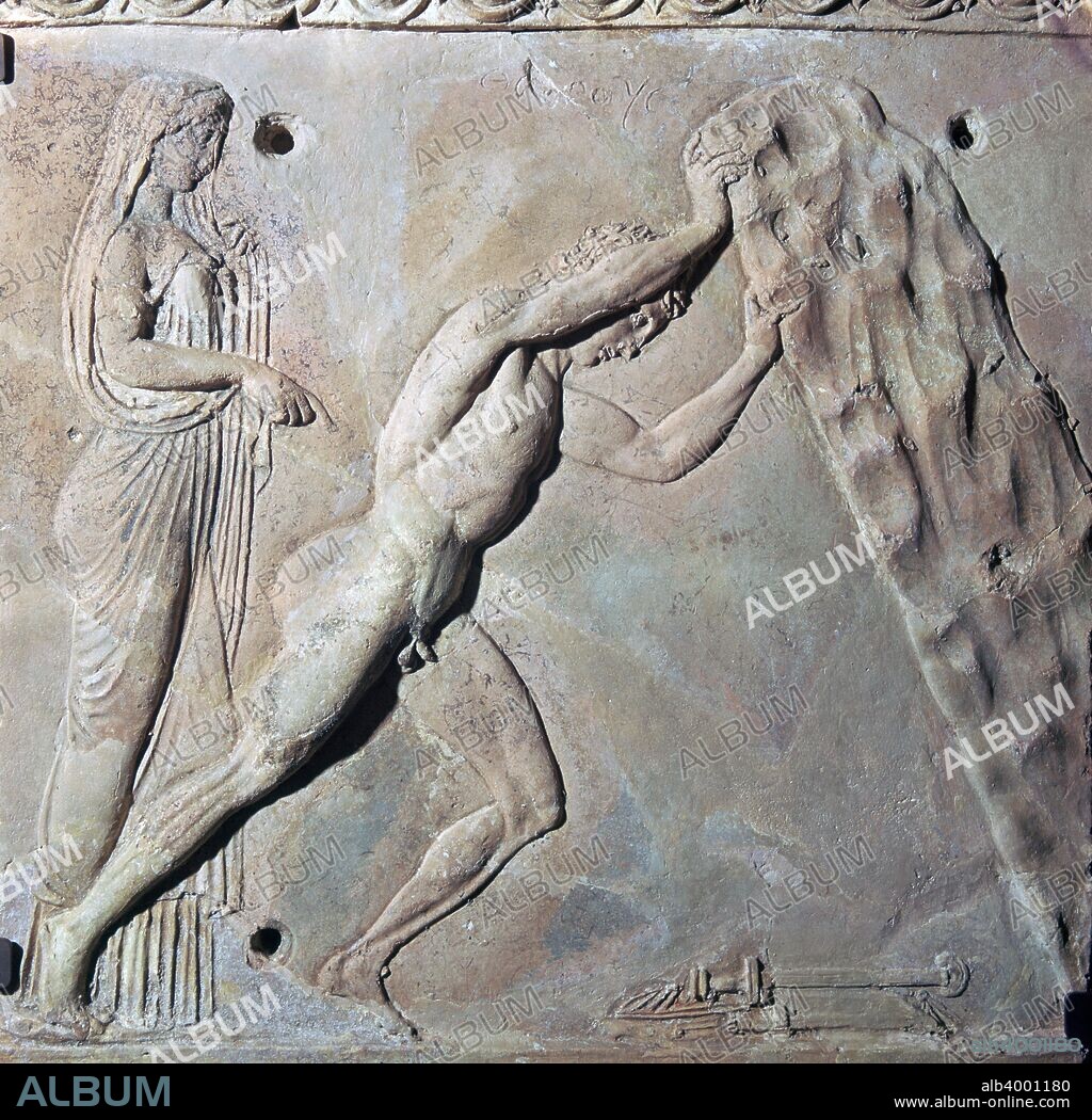 Roman decorative terracotta relief, with a depiction of Theseus lifting the rock to find his father's sword, from the British Museum's collection.Roman terracotta Campana plaque showing Theseus lifting a huge rock under which his father Aigeus, King of Athens had hidden the sword and sandals Theseus needed for his perilous journeys. Theseus mother Aithra stands behind him pointing to the items. Found in Cerveteri, Lazio, Italy. From the British Museum's collection.