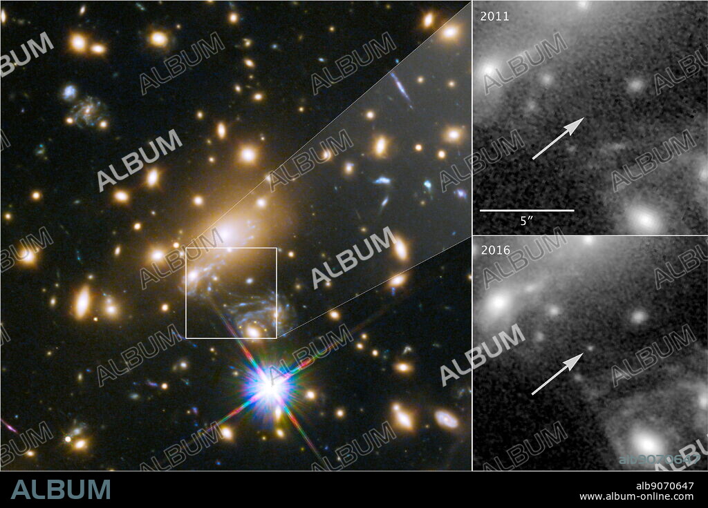Icarus, whose official name is MACS J1149+2223 Lensed Star 1, is the farthest individual star ever seen. It is only visible because it is being magnified by the gravity of a massive galaxy cluster, located about 5 billion light-years from Earth.. Credits: NASA, ESA, and P. Kelly (University of Minnesota).