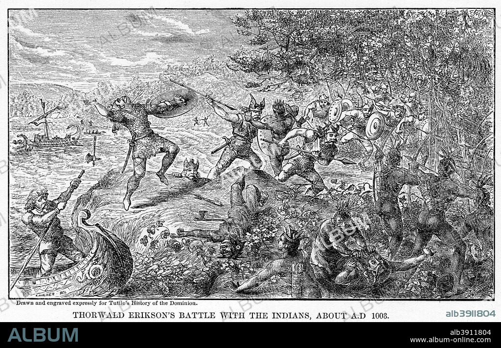 'Thorwald Erikson's Battle with the Indians, about AD 1003', (1877). Norse explorer Thorvald Eriksson fighting Native Americans. Illustration from Popular history of the Dominion of Canada, with art illustrations, from the earliest settlement of the British-American colonies to the present time; together with portrait engravings and biographical sketches of the most distinguished men of the nation by Charles R Tuttle, (1877-1879).
