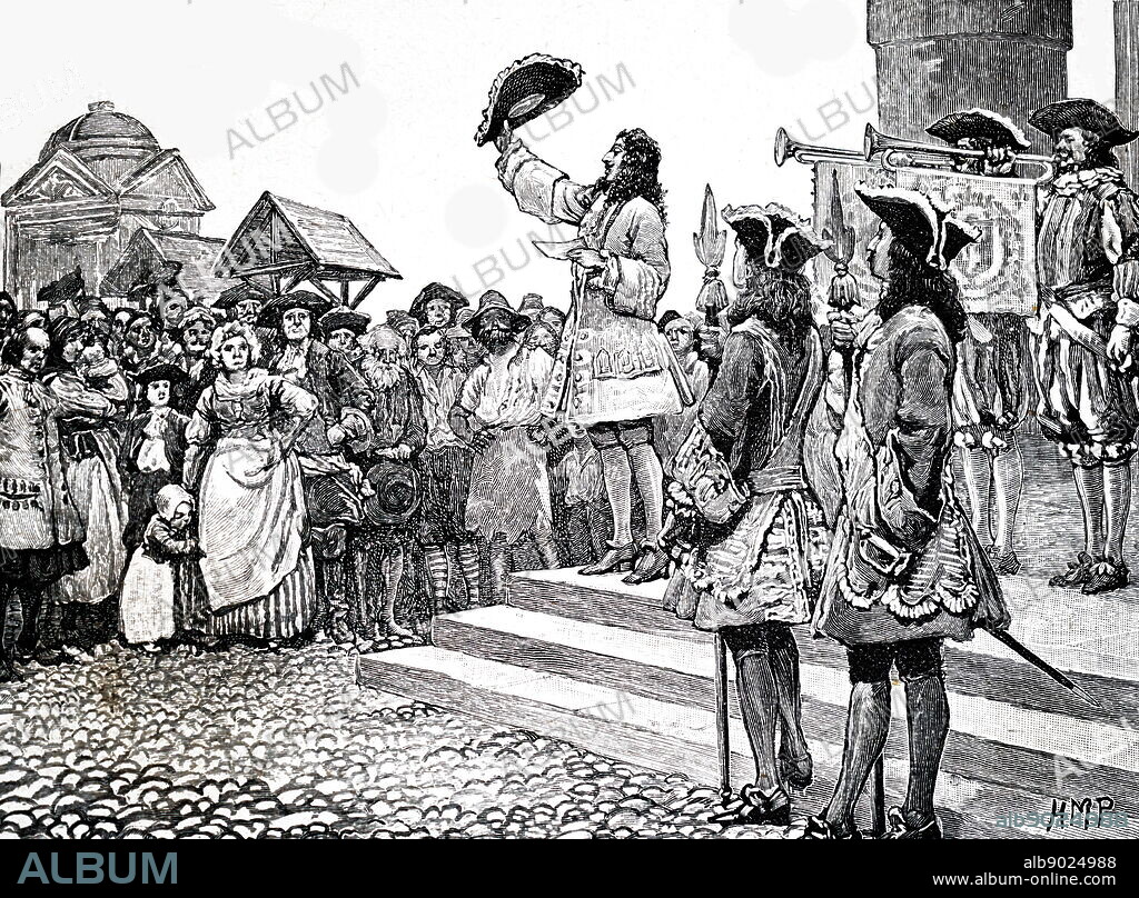 Illustration showing The pretender proclaimed King of England by order of Louis XIV. James Francis Edward, Prince of Wales (1688 - 1766), nicknamed the Old Pretender, was the son of King James II of England. Only months after James Francis Edward's birth, his Catholic father was deposed and exiled in the Glorious Revolution of 1688. James Francis Edward was raised in Continental Europe and after his father's death in 1701, he claimed the English, Scottish and Irish crown as James III of England and Ireland and James VIII of Scotland, with the support of his Jacobite followers and his cousin Louis XIV of France. Fourteen years later, he unsuccessfully attempted to gain the throne in Britain during the Jacobite rising of 1715.