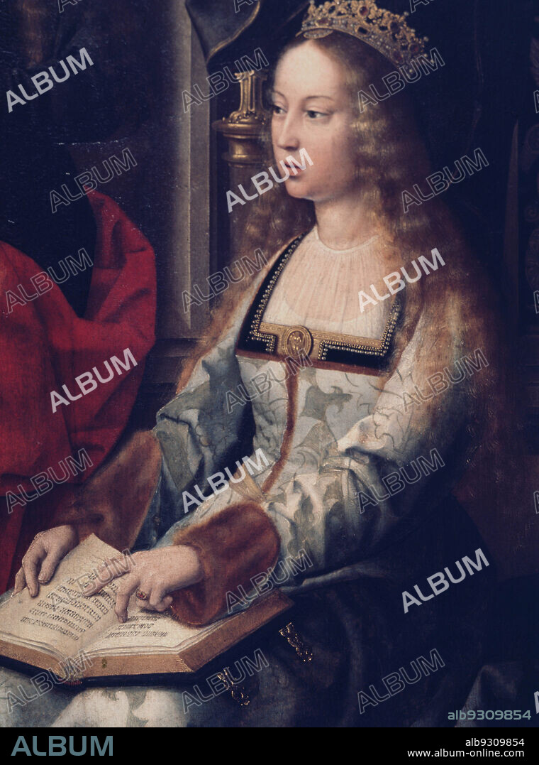 REYES CATOLICOS. ISABEL I DE CASTILLA (1451-1504). " LA VIRGEN DE LA MOSCA " DETALLE 1520. OLEO ANONIMO SIGLO XV. DETALLE DEL SUPUESTO RETRATO DE ISABEL LA CATOLICA. COLEGIATA DE TORO . ZAMORA.