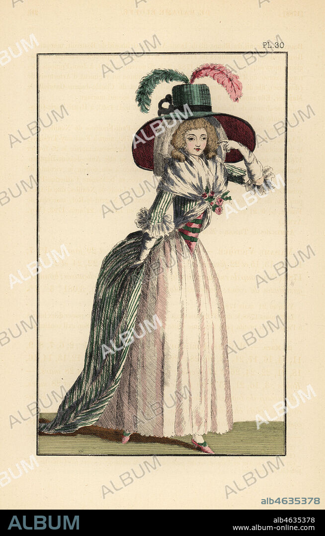 Woman in redingote of striped taffeta over a skirt and corsage with artificial flowers, and a chapeau-feutre in apple green. Hand-coloured lithograph from Fashions and Customs of Marie Antoinette and her Times, by Le Comte de Reiset, Paris, 1885. The journal of Madame Eloffe, dressmaker and linen-merchant to the Queen and ladies of the court.
