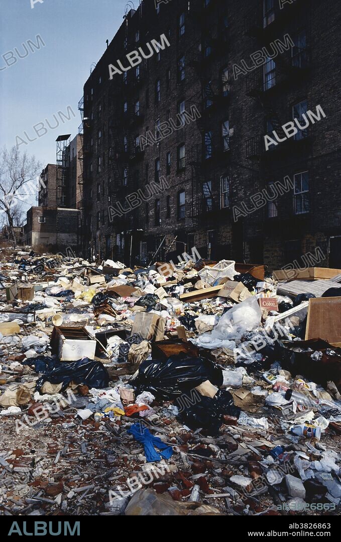 Garbage dumped in a vacant lot along Cauldwell and Westchester Avenues in the Bronx, NYC. Photo taken in 1986.