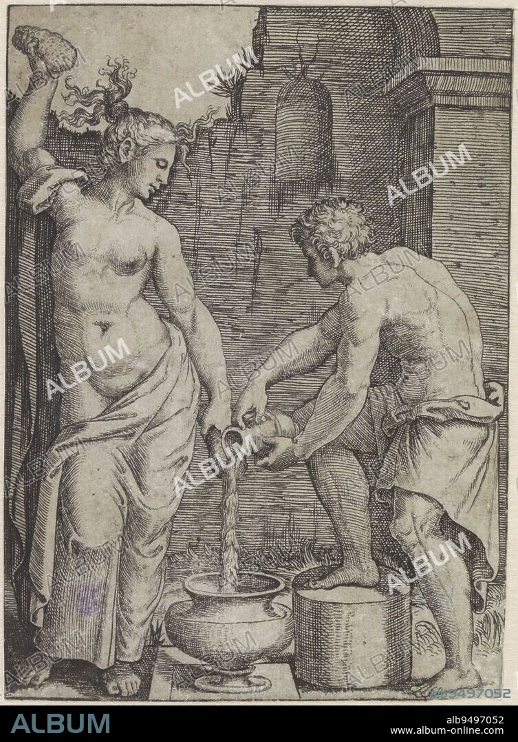 Half-naked woman washing herself with sponges and male servant pouring water into barrel, Marcantonio Raimondi, after Francesco di Francia, 1510 - 1527, print maker: Marcantonio Raimondi, Francesco di Francia, (possibly), Italy, 1510 - 1527, paper, engraving, h 110 mm × w 80 mm.
