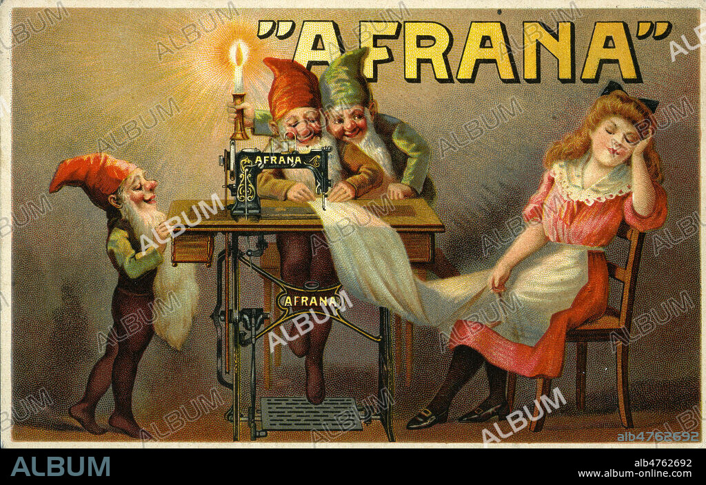 Publicite Machine a coudre AFRANA, vers 1900. Des lutins font le travail d'une jeune fille qui dort. Carte postale publicitaire, debut 20eme siecle. Credit : IM/KHARBINE TAPABOR.
