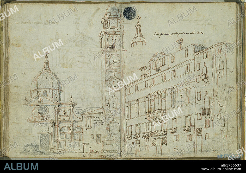 Campo Santa Maria Formosa (from the church of Santa Maria Formosa looking towards the right side of the square), by Canal Giovanni Antonio known as Canaletto, 18th Century, 1730 about, black and red pencil, pen, ink,. Italy, Veneto, Venice, Accademia Art Galleries. Authorization required for non editorial use.