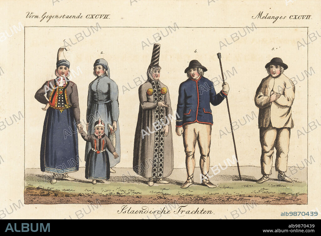 Costumes of Iceland, 1811. Lady in full dress with faldur headdress 1, woman in ordinary dress 2, lady in riding coat 3, man in best clothes with wadmal jacket 4, and Reykjavik pilot in sheepskin outfit 5. Copied from an illustration by Scottish geologist Sir George Steuart Mackenzie in his Travels in the Island of Iceland, 1811. Handcoloured copperplate engraving from Carl Bertuch's Bilderbuch fur Kinder (Picture Book for Children), Weimar, 1815. A 12-volume encyclopedia for children illustrated with almost 1,200 engraved plates on natural history, science, costume, mythology, etc., published from 1790-1830.