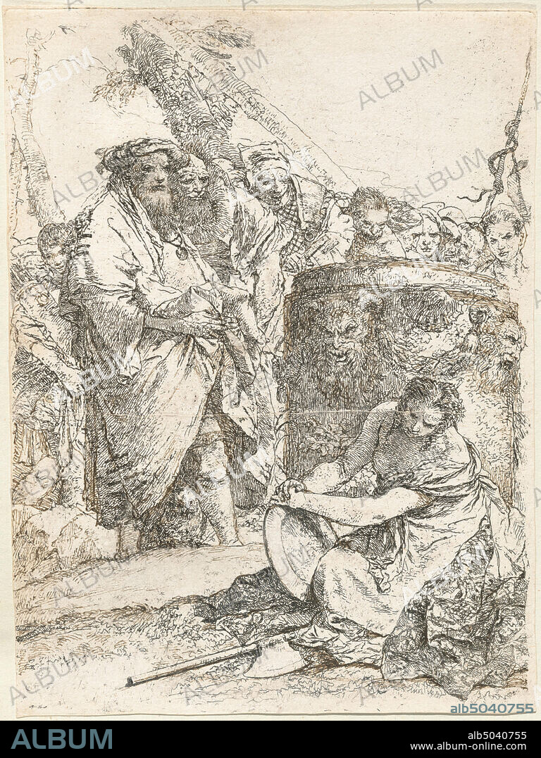 Giovanni Battista Tiepolo, (artist), Venetian, 1696 - 1770, Magician and Other Figures before a Burning Altar with Skull and Bones, Tiepolo Etchings, vol.1, (volume), etching, reworked with pen and brown ink, and opaque white and gray wash.