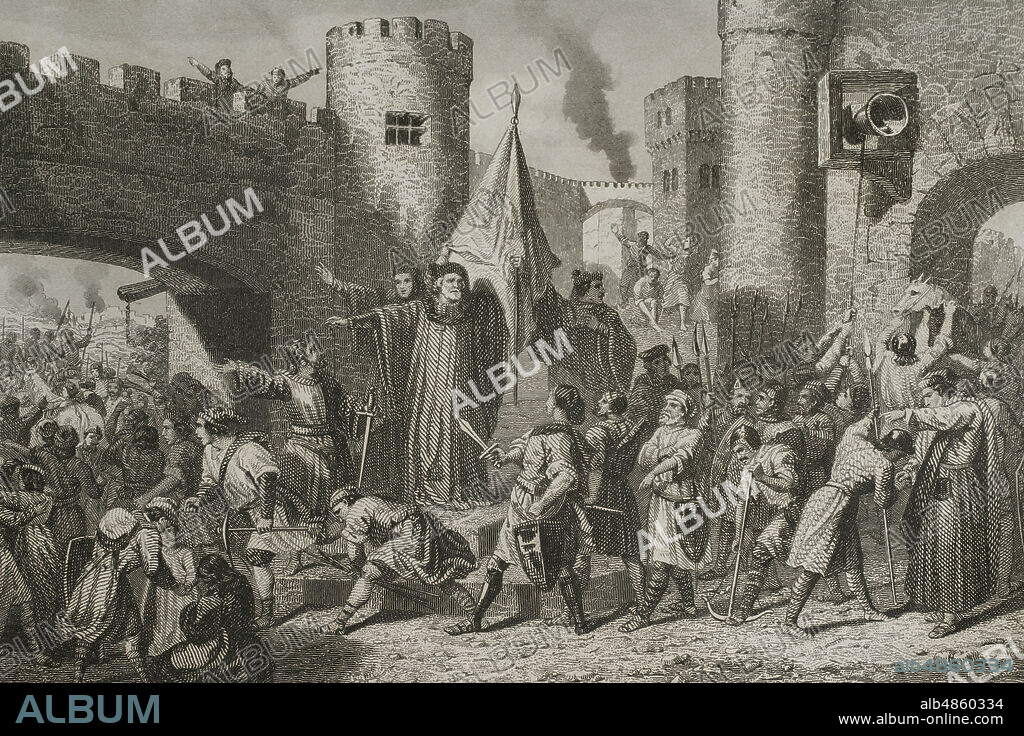 Edad Media. Somatén en Barcelona, en época de Juan II de Aragón (1398-1479). Eran cuerpos armados de protección civil. Ilustración por Urrabieta. Grabado por Roca. Historia de Cataluña y de la Corona de Aragón, por Victor Balaguer. Barcelona,1862.