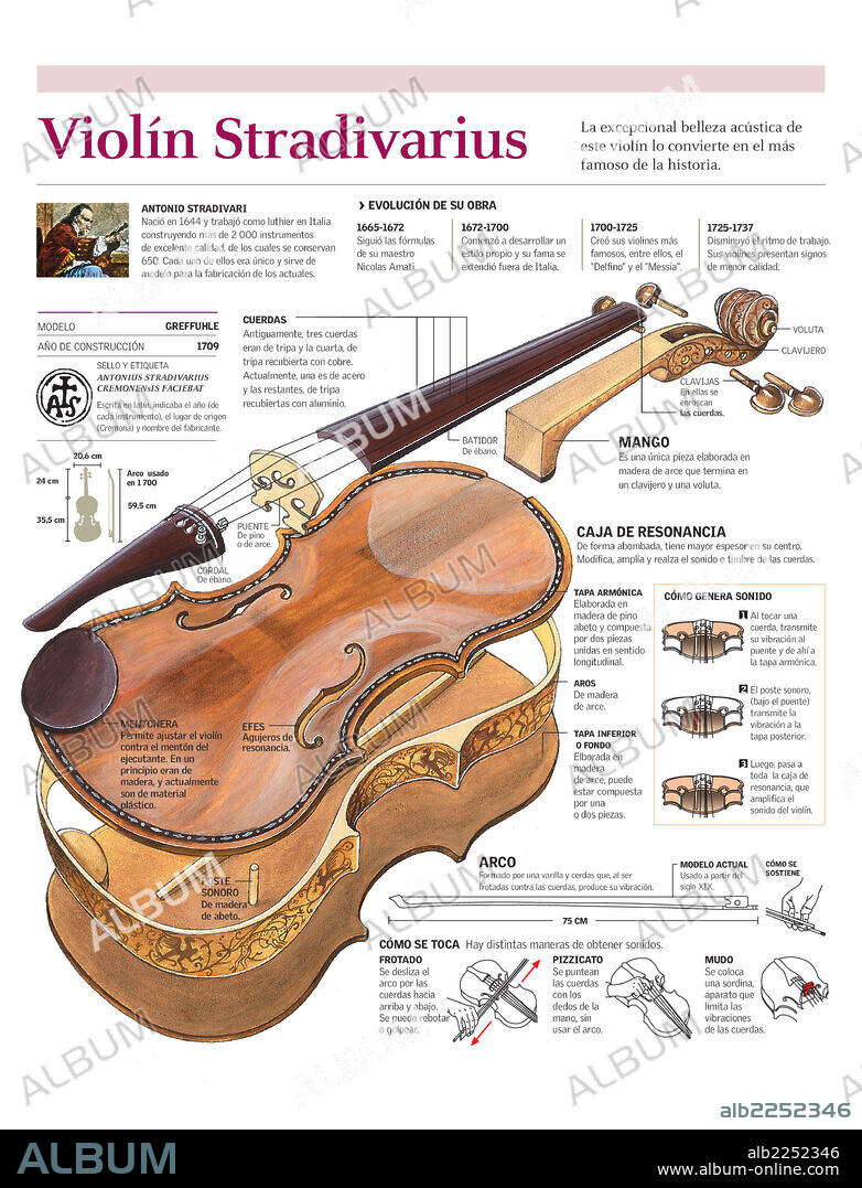 VIOLIN STRADIVARIUS. Infografía de las partes de un violín Stradivarius, su evolución y funcionamiento.