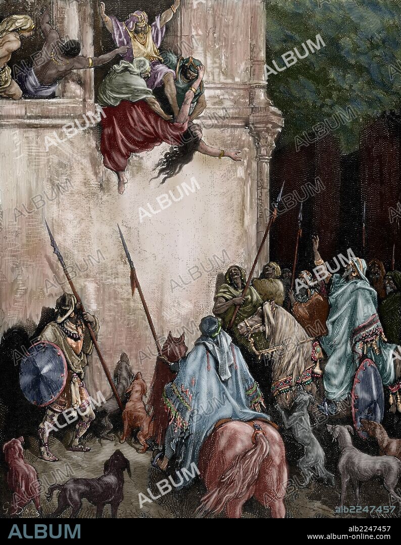 HISTORIA DEL ANTIGUO TESTAMENTO. JEHÚ. Décimo rey de Israel según la Biblia, con un reinado de 28 años. Escena de la purga realizada por Jehú contra sus enemigos de la casa de Ajab. " Momento donde Jehú manda precipitar por la ventana a Jezabel, reina madre, de la casa Ajab, por insultarlo". Los Reyes. Libro IV. Capítulo IX. Versículos 30 al 24. Dibujo de Gustavo Doré. Grabado de Maurand. Coloreado.