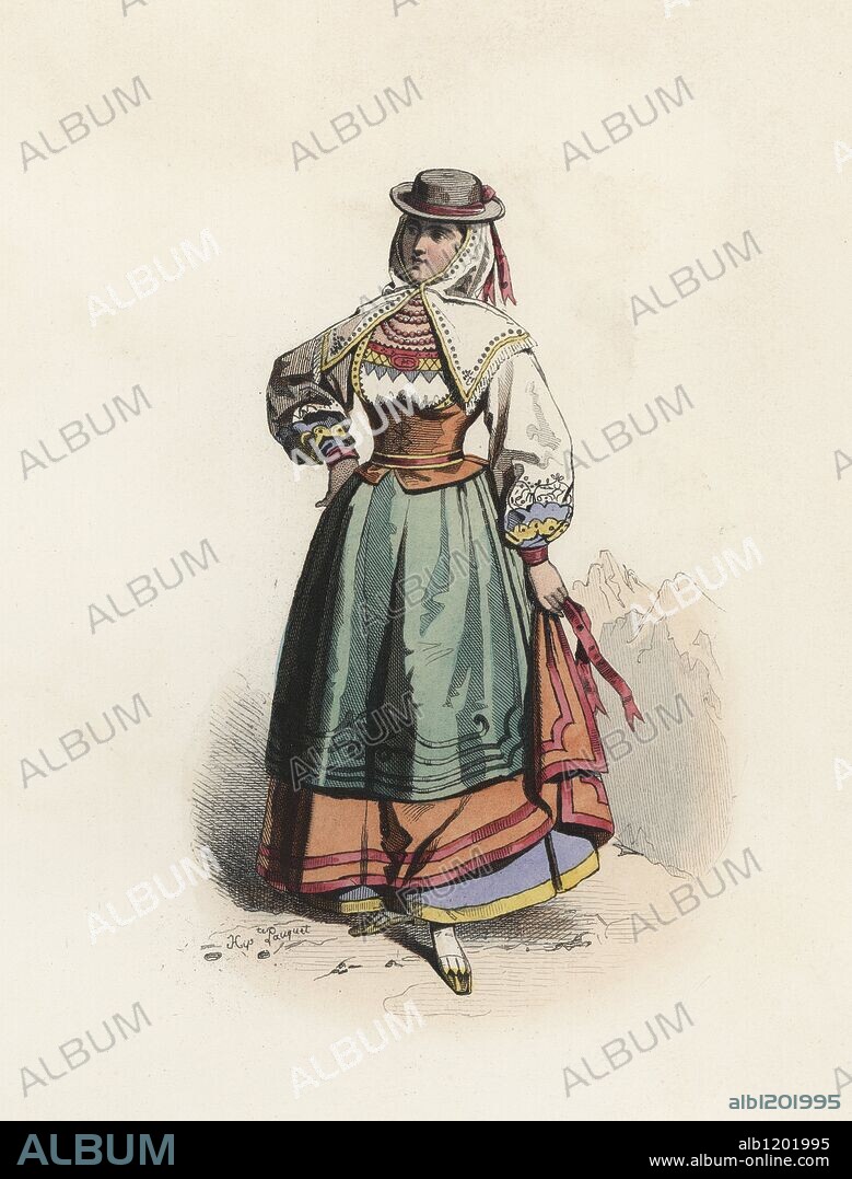 Mujer de Salamanca, en la Edad Moderna. Grabado en color de 1870.
