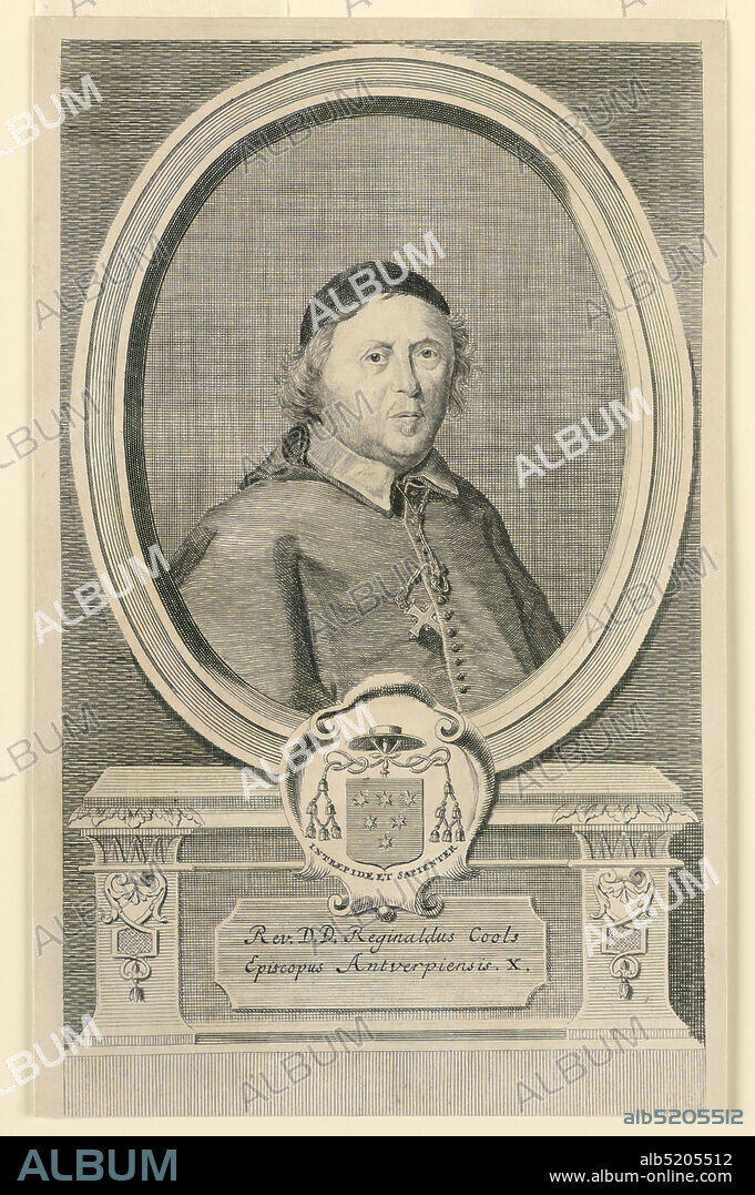 Portrait of Reginaldus Cools, Bishop of Antwerp, Engraving on paper, Within an oval frame is the bust portrait of a cleric, wearing a skull cap; his episcopal cross tucked halfway into the folds of his garment. Below, his escutcheon and motto, and inscription., Netherlands, Antwerp, Netherlands, ca. 1700-1730, Print, Print.