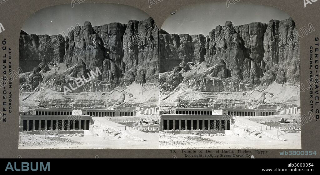 Stereo-Travel Company stereograph from 1908 entitled: "Temple of Der el Barhi, Thebes, Egypt. Shows ruins of the Temple of Deir el-Bahri , on the west bank of the Nile, opposite Luxor, Egypt." The Mortuary Temple of Queen Hatshepsut, the Djeser-Djeseru (Holy of Holies), is located beneath the cliffs at Deir el Bahari on the west bank of the Nile near the Valley of the Kings in Egypt. The mortuary temple is dedicated to the sun god Amon-Ra and is located next to the mortuary temple of Mentuhotep II, which served both as an inspiration, and later, a quarry. Hatshepsut's temple is considered the closest Egypt came to Classical architecture. It marked a turning point in the architecture of Ancient Egypt, which forsook the megalithic geometry of the Old Kingdom for a temple which allowed for active worship, requiring the presence of participants to create the majesty.