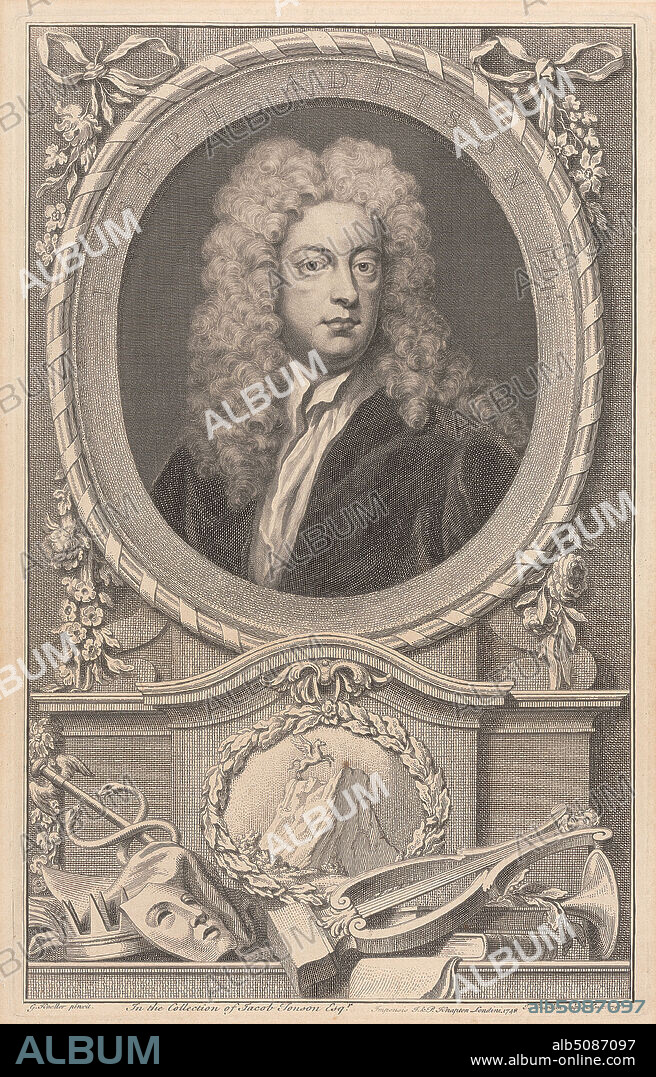Joseph Addison, Print made by Jacobus Houbraken, 16981780, Dutch, after Sir Godfrey Kneller, 16461723, German, active in Britain (from 1676), 1748, Engraving on medium, moderately textured, cream laid paper, Sheet: 19 7/8 × 14 1/4 inches (50.5 × 36.2 cm), Plate: 14 1/4 × 9 1/8 inches (36.2 × 23.2 cm), and Image: 14 × 8 3/4 inches (35.6 × 22.2 cm).