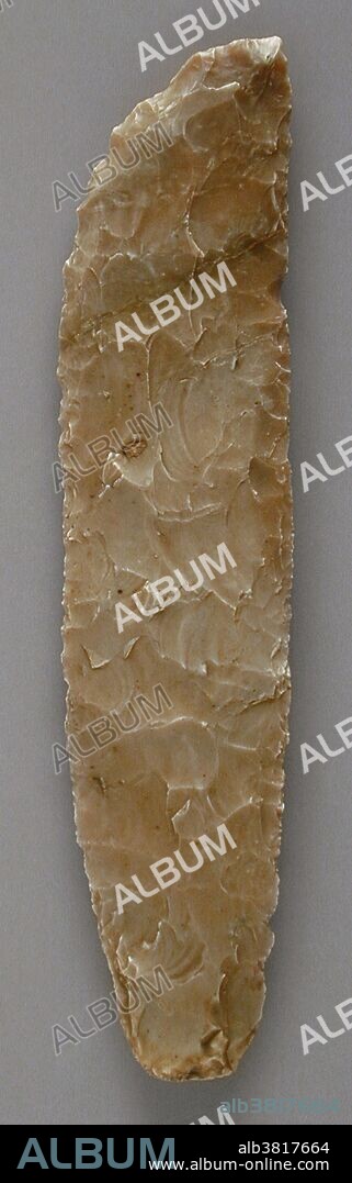 Egyptian flint, Neolithic Period (5500 - 3100 BC). A hand axe or biface is a prehistorical stone tool with two faces, and the longest-used tool in human history. Its technical name (biface) comes from the fact that the archetypical model is a generally bifacial Lithic flake with an almond-shaped morphology. The most common hand axes have a pointed end and rounded base, which gives them their characteristic shape, and both faces have been knapped to remove the natural cortex, at least partially.