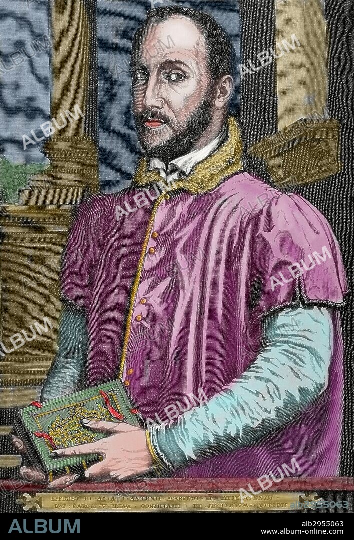 GRANVELA, Antonio Perrenot de Granvela, conocido como cardenal (Ornans,1517-Madrid,1586). Político español defensor del absolutismo. Formó parte del Consejo de Estado de Felipe II. Gobernó el país durante los dos años que Felipe II estuvo en Portugal. Grabado coloreado.