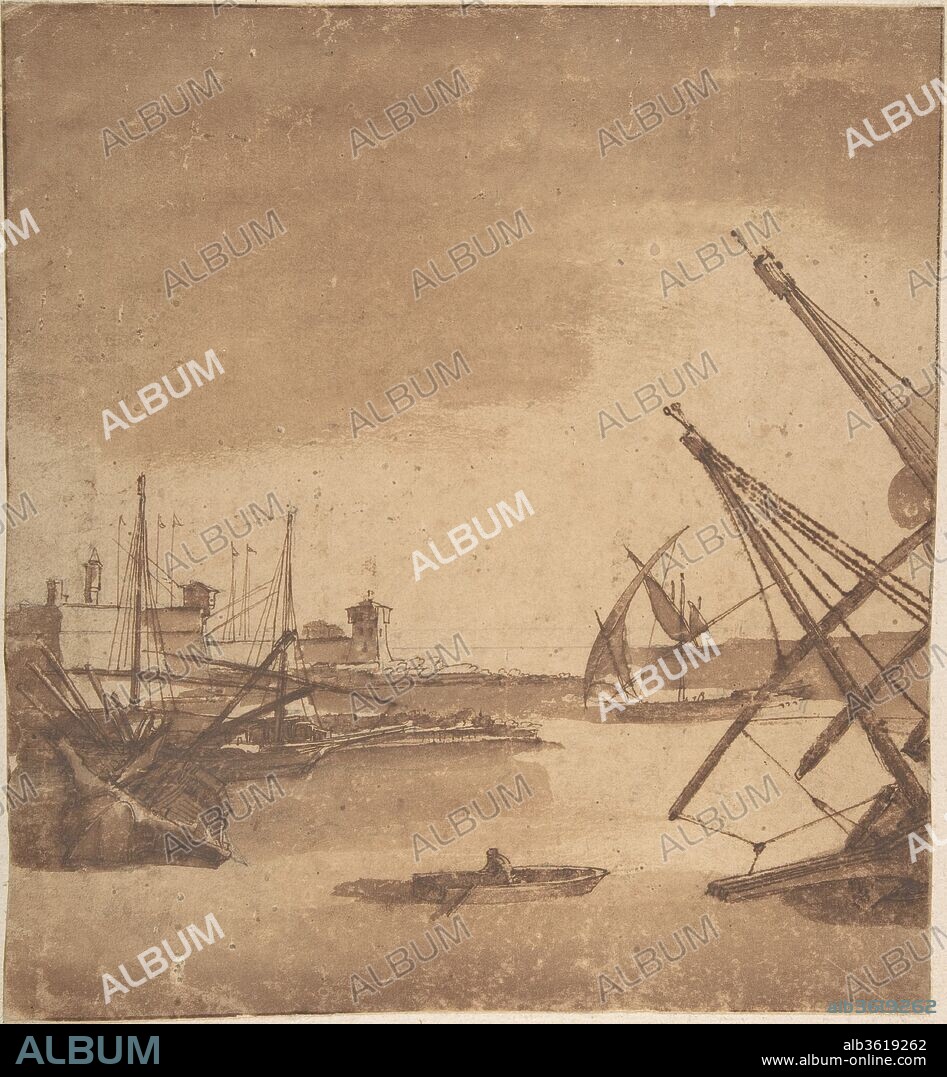 ATTRIBUTED TO CLAUDE LORRAIN (CLAUDE GELLÉE). A Port Scene. Artist: attributed to Claude Lorrain (Claude Gellée) (French, Chamagne 1604/5?-1682 Rome). Dimensions: 10 1/4 x 10 1/8 in.  (26 x 25.7 cm). Date: 17th century.