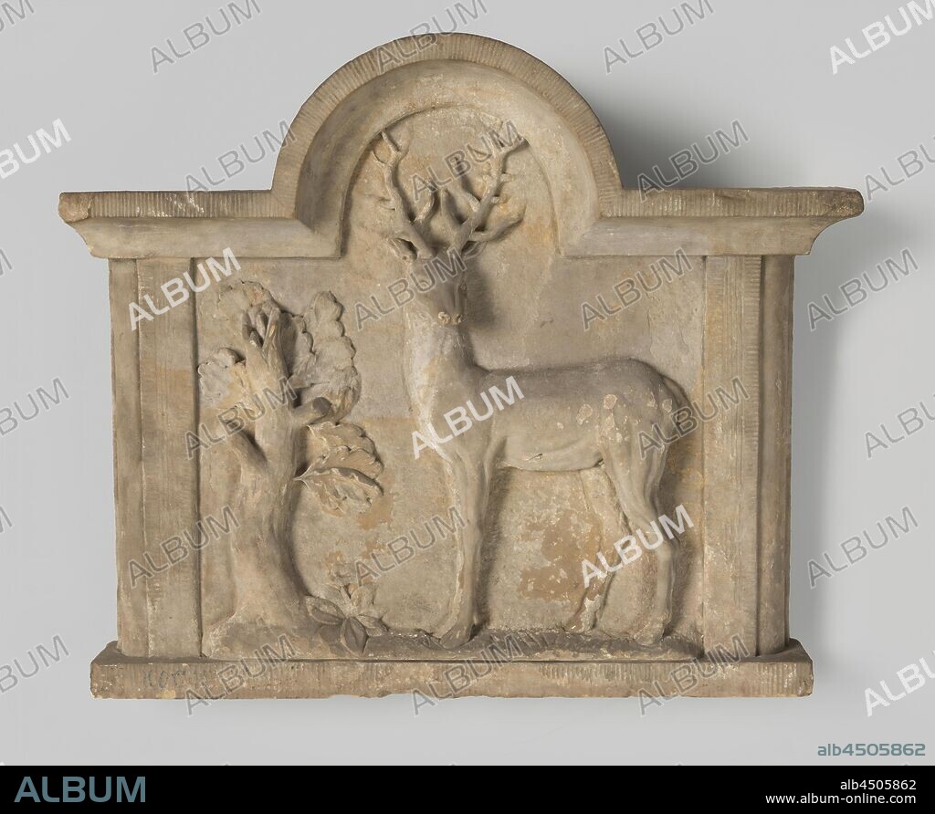facing brick with standing deer and broken tree trunk, horizontal rectangle, the upper edge of which has a semi-circular bulge in the middle. The image on the right has a standing deer and on the left a broken tree trunk with a plant with a flower on the roots. Coming from Singel nr. 4., Netherlands (possibly), c. 1400 - c. 1950, l 56.5 cm × w 67.5 cm × d 10 cm × w 62 kg.