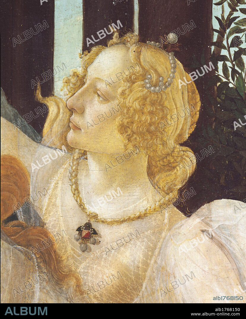 Primavera, by Sandro Filipepi Known as Botticelli, 1478 about, 15th Century, thick tempera on panel, cm 203 x 314. Italy, Tuscany, Florence, Uffizi Gallery. Eight poplar-wood panels, of varying widths and uniform thickness of 3cm joined at the back by two firwood crosspieces. Detail. Face of the right hand Grace, with long hair, gathered and plaited with strings of pearls, transparent robes and wearing a necklace and diadem. Behind her are the trunks of thee trees in the wood. Authorization required for non editorial use.