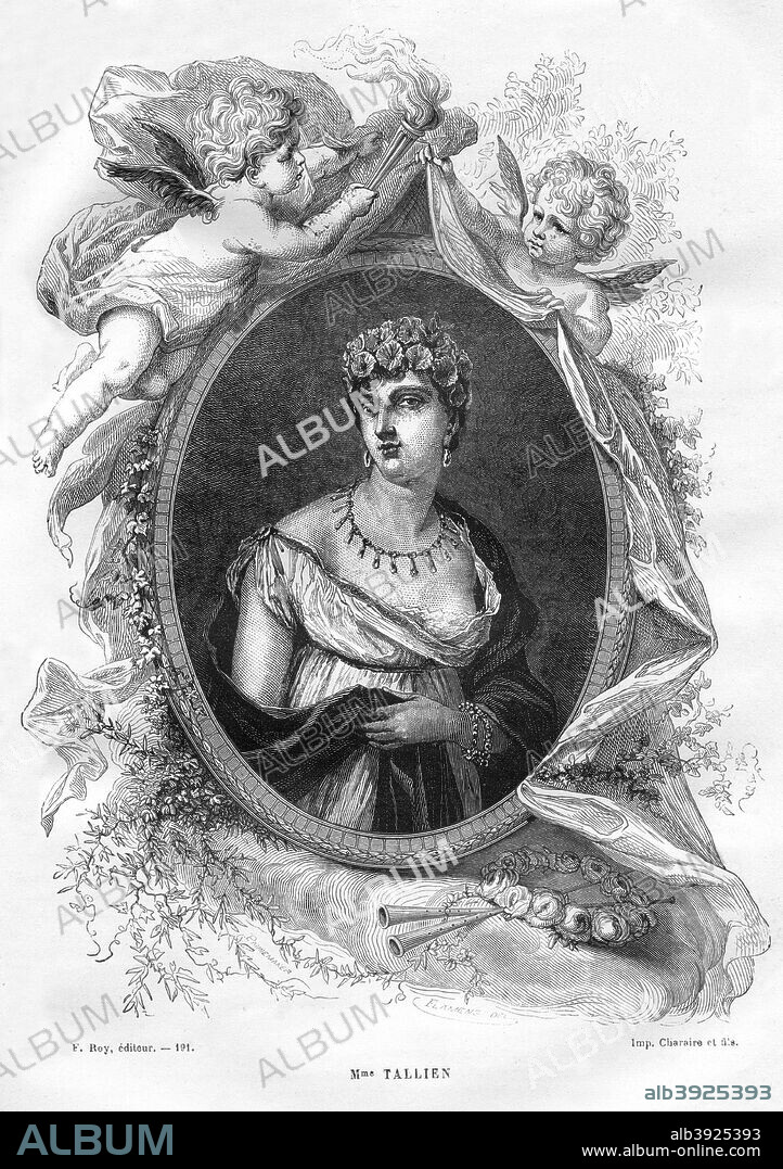 Madame Tallien, late 18th century (1882-1884). Theresa Cabarrus (1773-1835) became the mistress of, and later married, Jean Lambert Tallien a deputy of the National Convention and later a member of the Committee for Public Safety, who saved her from the guillotine. The couple separated however, and were divorced in 1802. Theresa went on to become one of the most prominent social figures in France and was one of the originators of the Neo-Grec fashion of the Directory period. She had a brief relationship with Napoleon before becoming the mistress of fist Paul Barras, then the millionaire speculator Gabriel-Julien Ouvrard. In 1805 she married the Prince of Chimay. A print from La France et les Français à Travers les Siècles, Volume IV, F Roy editor, A Challamel, Saint-Antoine, 1882-1884.