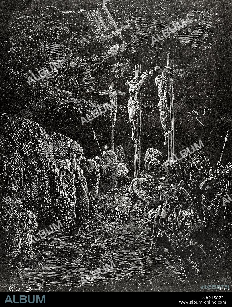 New Testament. Gospel of Matthew. Chapter XXVII. Death of Jesus Christ. Gustave Dore's drawing. Engraving by H. Pisan. 19th century.