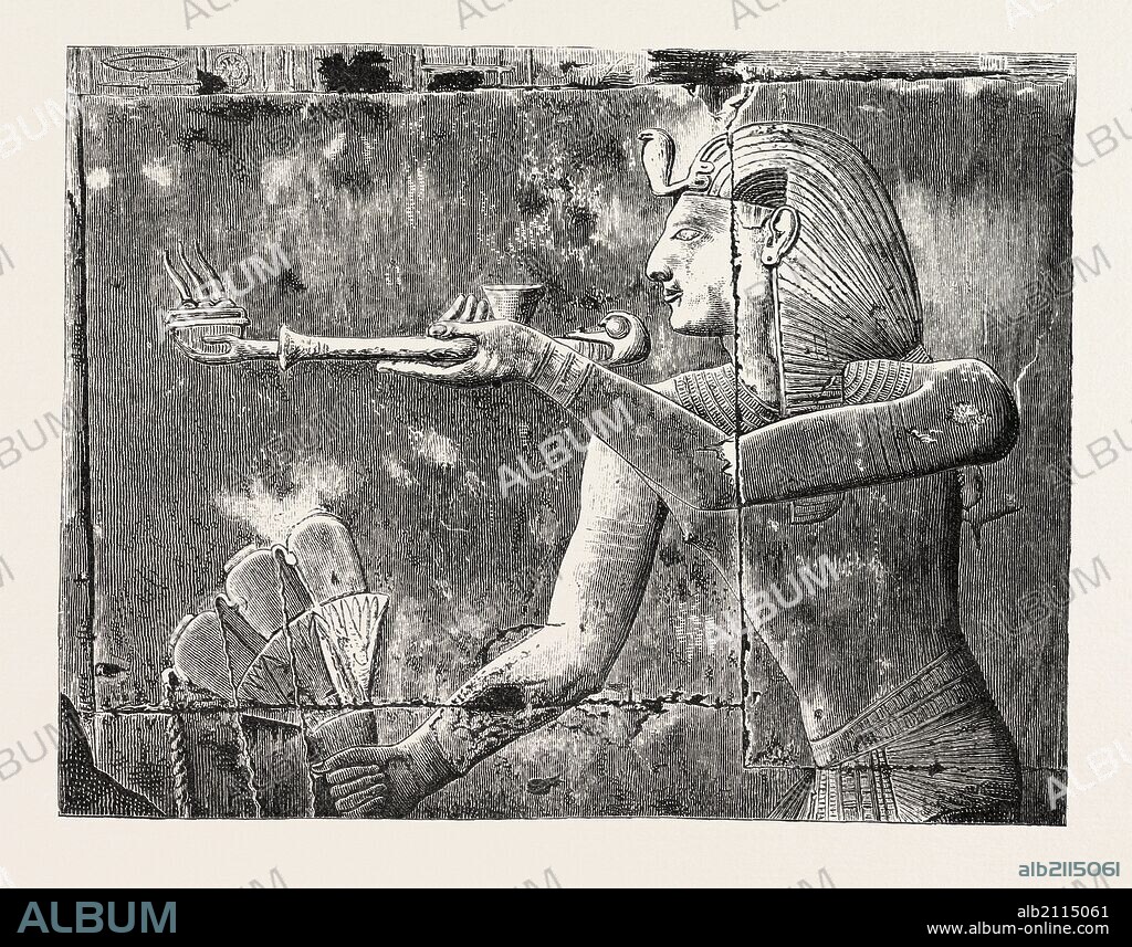 SETI I. OFFERING INCENSE AND A LIBATION. Egypt, engraving 1879.