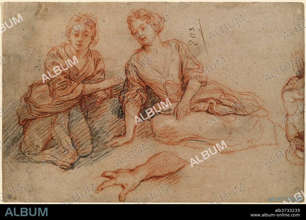 CHARLES DE LA FOSSE. Two Young Women Seated on the Ground [recto]. Dated: c. 1698. Dimensions: image: 23.3 x 35.3 cm (9 3/16 x 13 7/8 in.). Medium: red and black chalk heightened with white chalk on light brown laid paper.