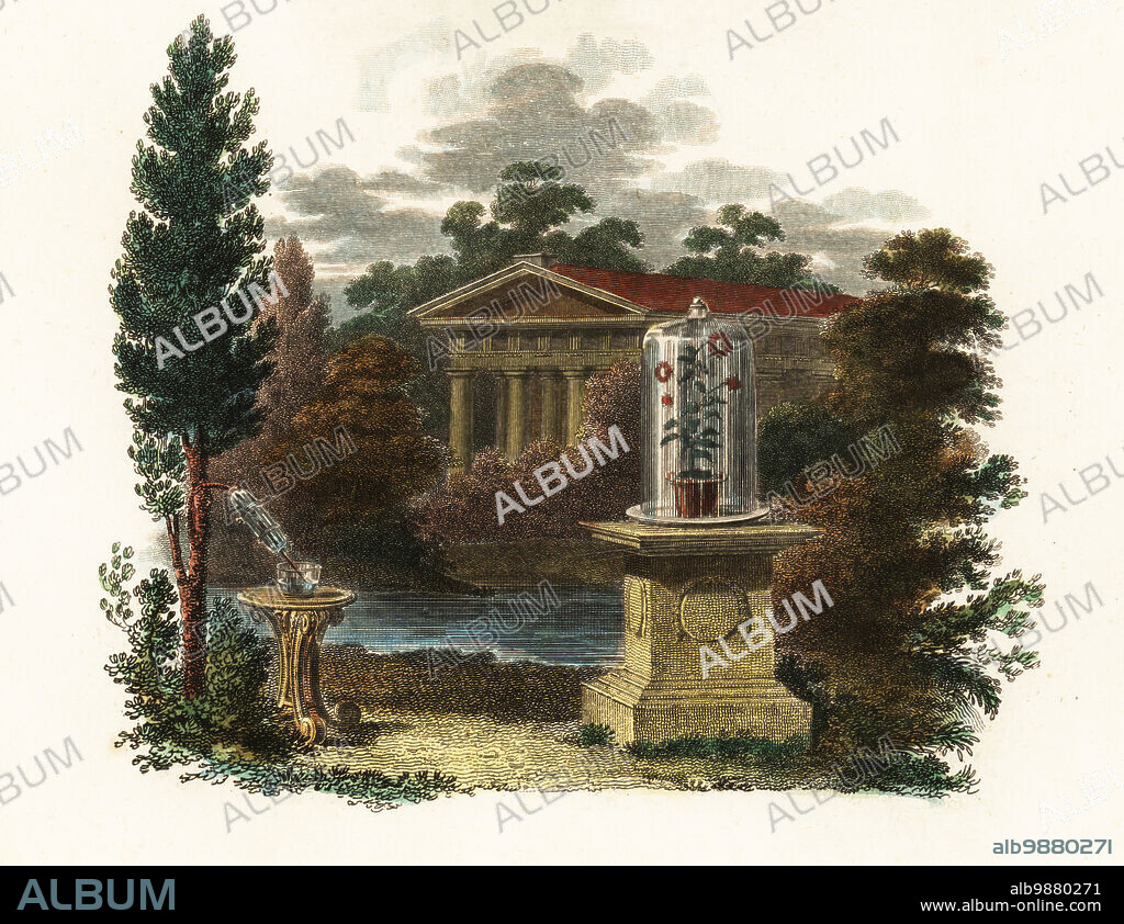 Garden landscape with inventions of Stephen Hales using a bell jar and pneumatic trough for scientific experiments on plant physiology and transpiration in plants. Stephen Hales, natural philosopher, botanist, chemist and inventor, author of Vegetable Staticks, 1677-1761. Handcoloured copperplate stipple engraving by William Hopwood from Dr. Robert John Thorntons New Illustration of the Sexual System of Carolus von Linnaeus, the Temple of Flora, London, 1800.