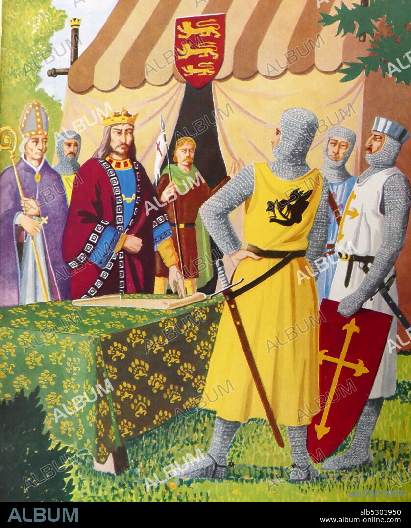 Illustration depicting King John signing the Magna Carta Libertatum (Great Charter of the Liberties""), commonly called Magna Carta it is a charter of rights agreed to by King John of England at Runnymede, near Windsor, on 15 June 1215.