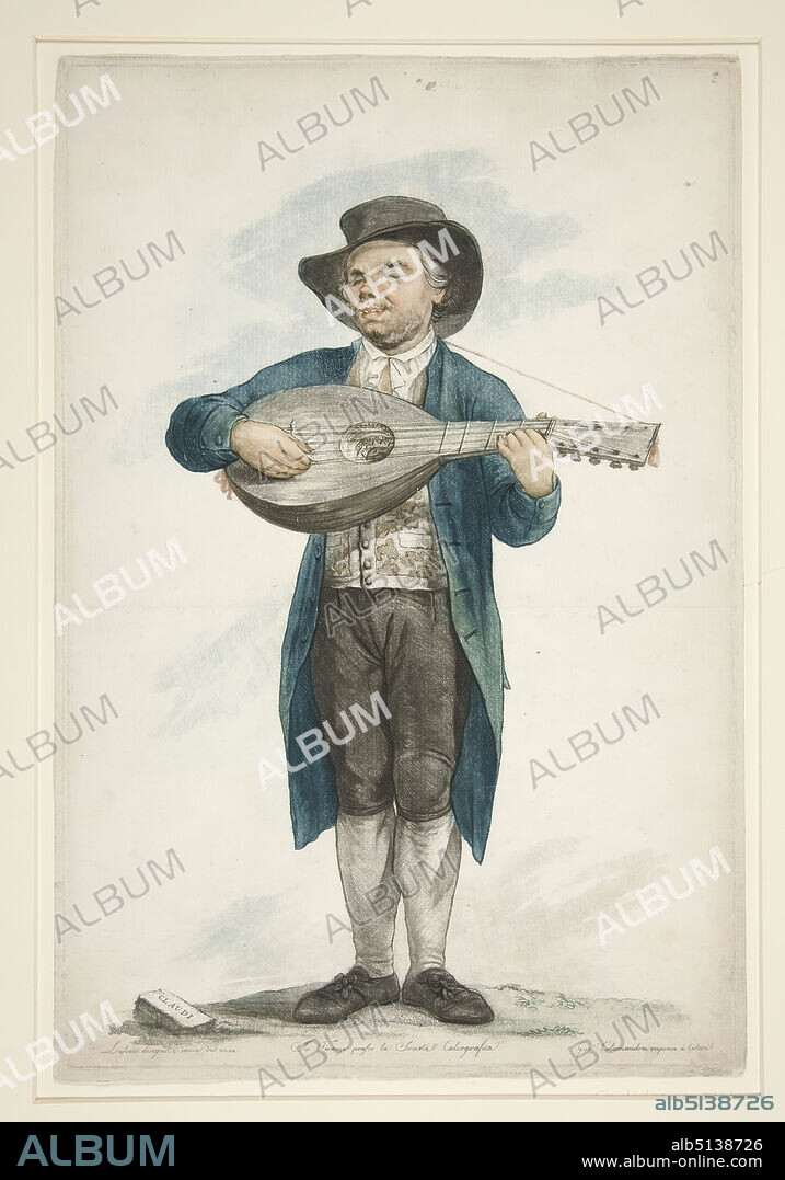 Artist: Carlo Lasinio, Italian, 17591838, Claudi, the blind lute player and singer. From the series of twelve Florentine Street Characters., Etching in color, roulette, aquatint, platemark: 39 × 25.9 cm (15 3/8 × 10 3/16 in.), Made in Italy, Italian, 18th century, Works on Paper - Prints.