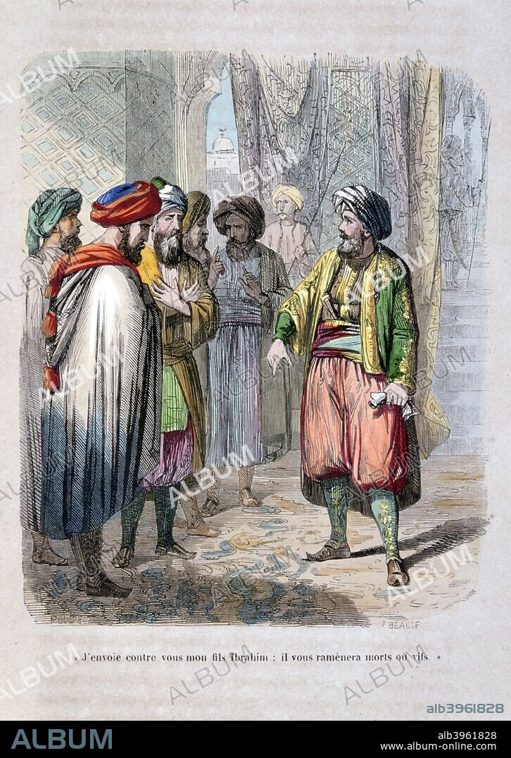 Muhammad Ali sending his son Ibrahim Pasha to put down the Saudi revolt,  1811-1818, (1847). The Ottoman Viceroy of Egypt, Muhammad Ali, sent the Egyptian army to Saudi Arabia after the Saudi Wahhabis captured Mecca. The Egyptians were victorious in 1818. A print from 19th Century Egypt, 1847.