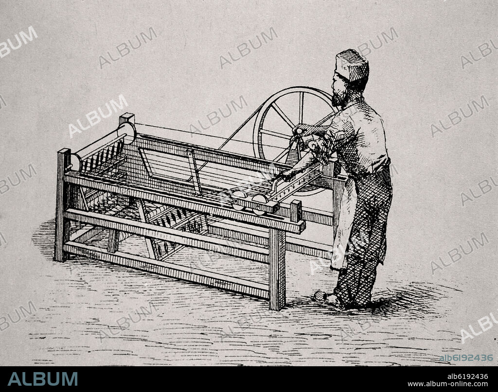 JAMES HARGREAVES. ENGRAVING OF SPINNING MACHINE KNOWN AS SPINNING JENNY - 1764.