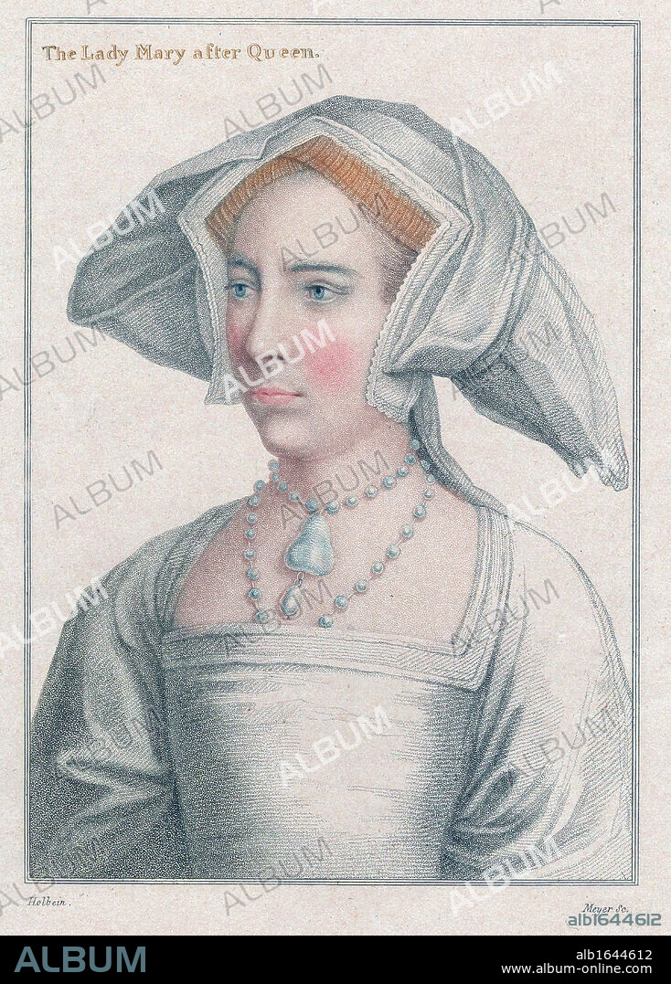 Mary Tudor (1516-1558) daughter of Henry VIII and Catherine of Aragon, half-sister of Elizabeth I, as a young woman before she became Mary I of England (1553). Became known as Bloody Mary for her persecution of Protestants.  After Holbein.