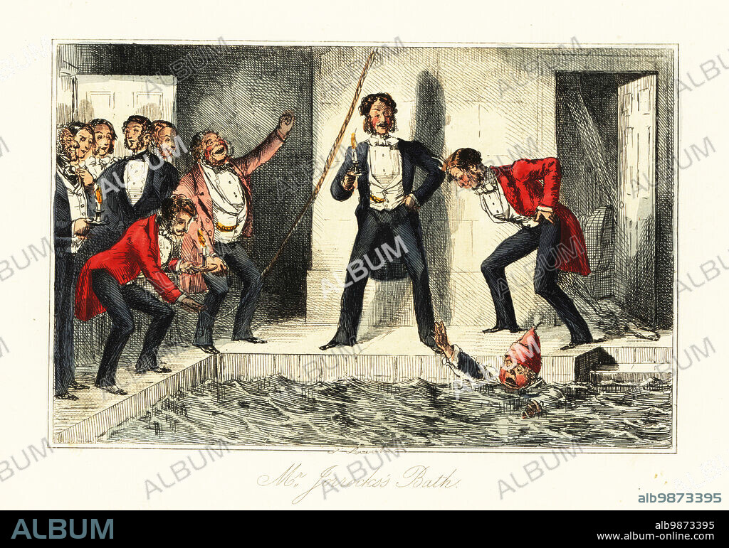 Gentleman in night clothes struggling in a swimming pool at a stately home, 19th century. Drunken John Jorrocks, the vulgar Cockney grocer, in a nightshirt in a pool, laughted at by other dinner party guests in formal wear. Mr. Jorrocks bath. Handcoloured steel engraving after an illustration by John Leech from Robert Smith Surtees Handley Cross, or Mr. Jorrockss Hunt, Bradbury, Evans and Co., London, 1854.
