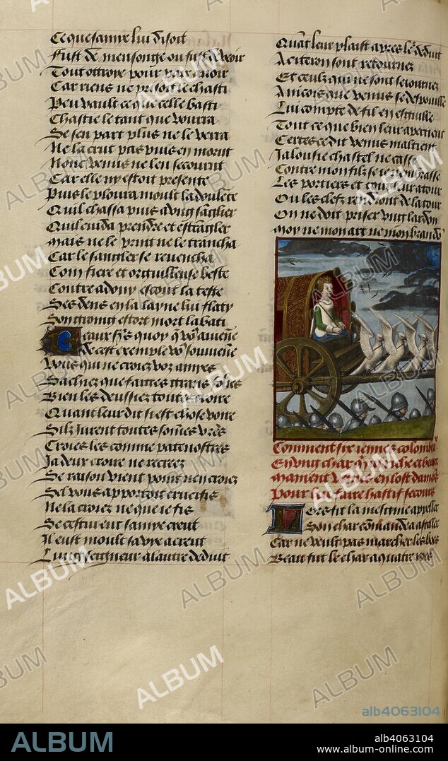 GUILLAUME DE LORRIS, JEAN DE MEUN and MASTER OF THE PRAYER BOOKS. Miniature of Venus coming to the rescue in a chariot drawn by six white doves. Roman de la Rose. S. Netherlands (Bruges), circa 1490-1500. Source: Harley 4425, f.138v. Language: French.