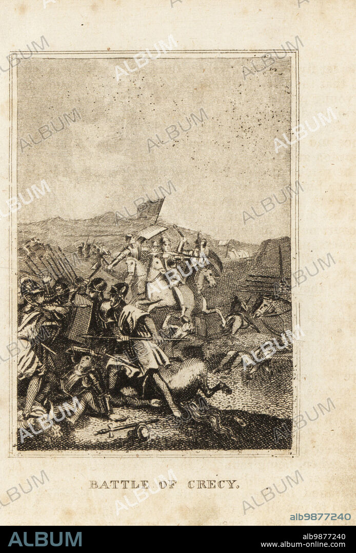 The Battle of Crecy, 26 August 1346, northern France. Knights in armour fight a melee, while cavalry fight lancers behind. The French army commanded by King Philip VI and the English led by King Edward III. Copperplate engraving from M. A. Jones History of England from Julius Caesar to George IV, G. Virtue, 26 Ivy Lane, London, 1836.