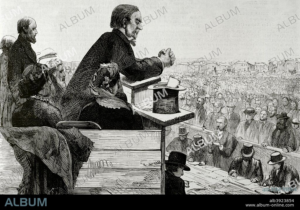 William Gladstone (1809-1898). Político liberal británico. Primer Ministro en cuatro ocasiones, 1868-1874, 1880-1885, 1886, y 1892-1894. Meeting celebrado en Greenwich (Inglaterra) el 8 de septiembre de 1876, bajo la presidencia de Gladstone. Mr. Gladstone refiriendo a sus electores las tropelias cometidas por los turcos en Bulgaria. Quedó aterrado tras conocer la matanza de miles de búlgaros tras el levantamiento de abril de 1876, contra los otomanos, respaldando la causa búlgara y su posterior independencia en1878. La reunión acordó dirigir un mensaje a la Reina y al gobierno de Inglaterra pidiendo el cese por completo de la administración turca en las provincias de Bulgaria, Bosnia y Herzegovina. Grabado. La Ilustración Española y Americana, 22 de septiembre de 1876. Biblioteca Histórico Militar de Barcelona. Cataluña, España.