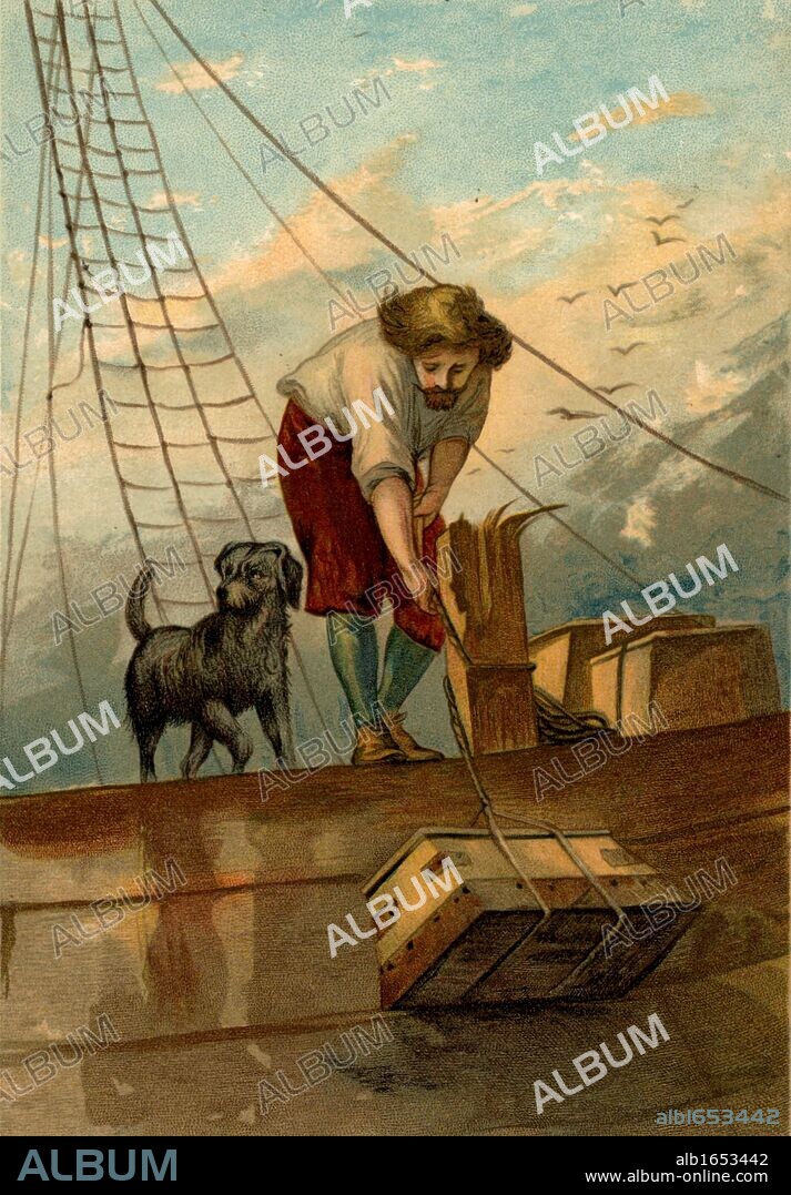 Robinson Crusoe, accompanied by his dog, lowering useful items salvaged from the shipwreck onto his raft. Chromolithograph  from "The Life and Strange Surprising Adventures of Robinson Crusoe" by Daniel Defoe (London, 1891). The book was first published in 1719.  Illustration by John Dawson Watson (1832-1892). (Photo by: Universal History Archive/UIG via Getty Images).