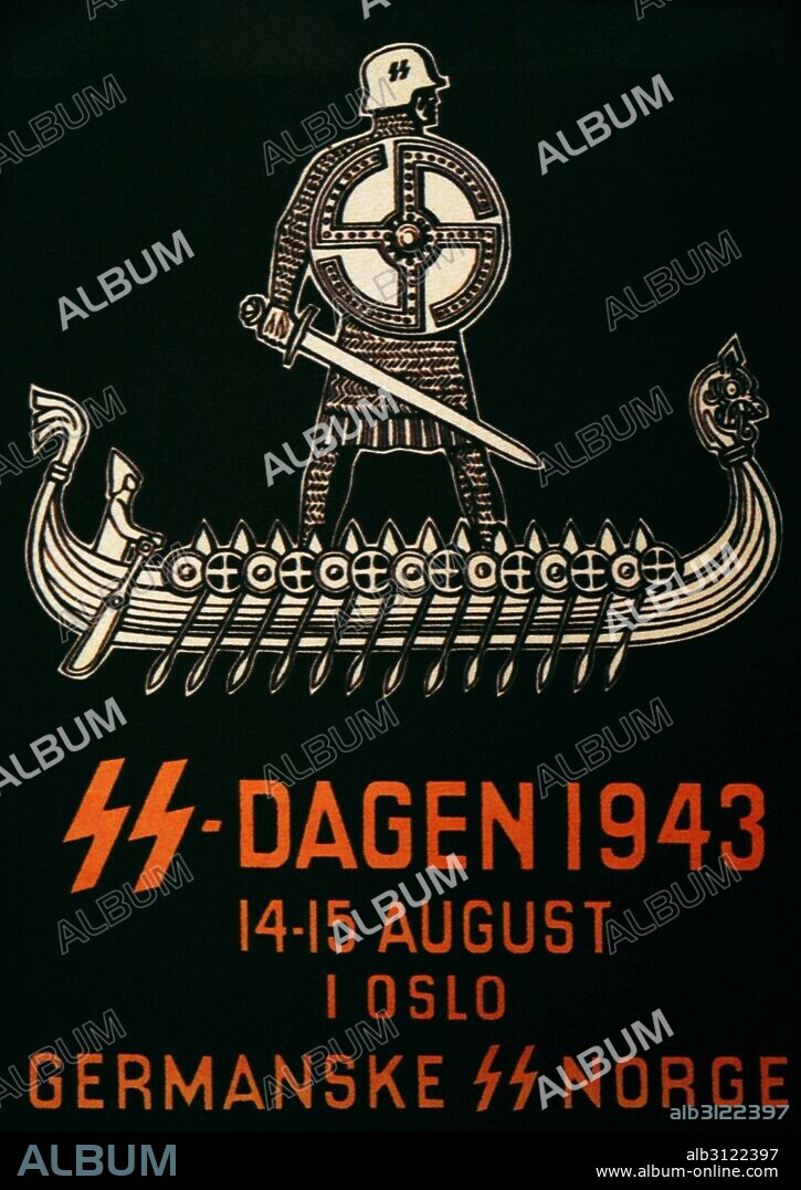 Segunda Guerra Mundial (1939-1945). Propaganda Nazi de las SS para reclutar hombres noruegos durante la Ocupación Alemana de Noruega. Utiliza el mito de los poderosos vikingos para su fin. Museo Histórico. Estocolmo. Suecia.
