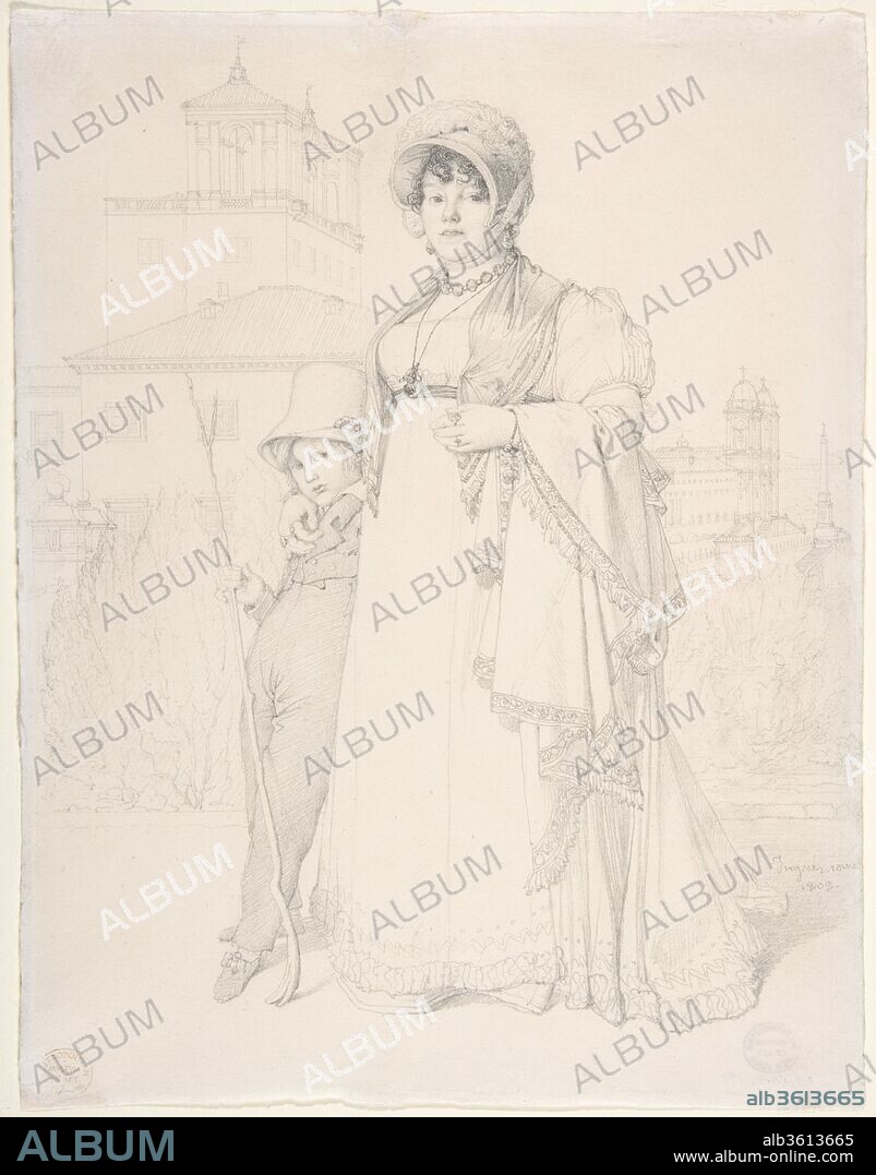 Madame Guillaume Guillon Lethière, née Marie-Joseph-Honorée Vanzenne, and her son Lucien Lethière. Artist: Jean Auguste Dominique Ingres (French, Montauban 1780-1867 Paris). Dimensions: 9 1/2 x 7 3/8 in.  (24.1 x 18.7 cm). Date: 1808.
As a pensioner of the French Academy in Rome, Ingres made portrait drawings of his friends and colleagues, including at least ten portraits of the family of Guillaume Lethière, its director, which date from 1808 to 1818. This double portrait of Lethière's wife and young son is set in the garden of the Villa Medici, the seat of the French Academy (its palace is visible on the left). Drawn in 1808, it is one of the first of Ingres' portrait drawings with a view of Rome as its backdrop.