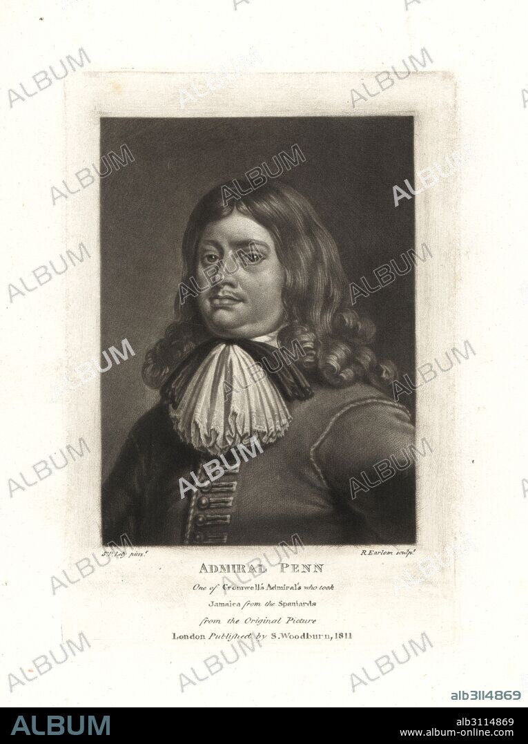 Sir William Penn, admiral for Oliver Cromwell's navy who took Jamaica from the Spanish, father of the founder of Pennsylvania, died 1670. Copperplate mezzotint by Richard Earlom after an original painting by Sir Peter Lely from Samuel Woodburn's Portraits of Characters Illustrious in British History, London, 1810.
