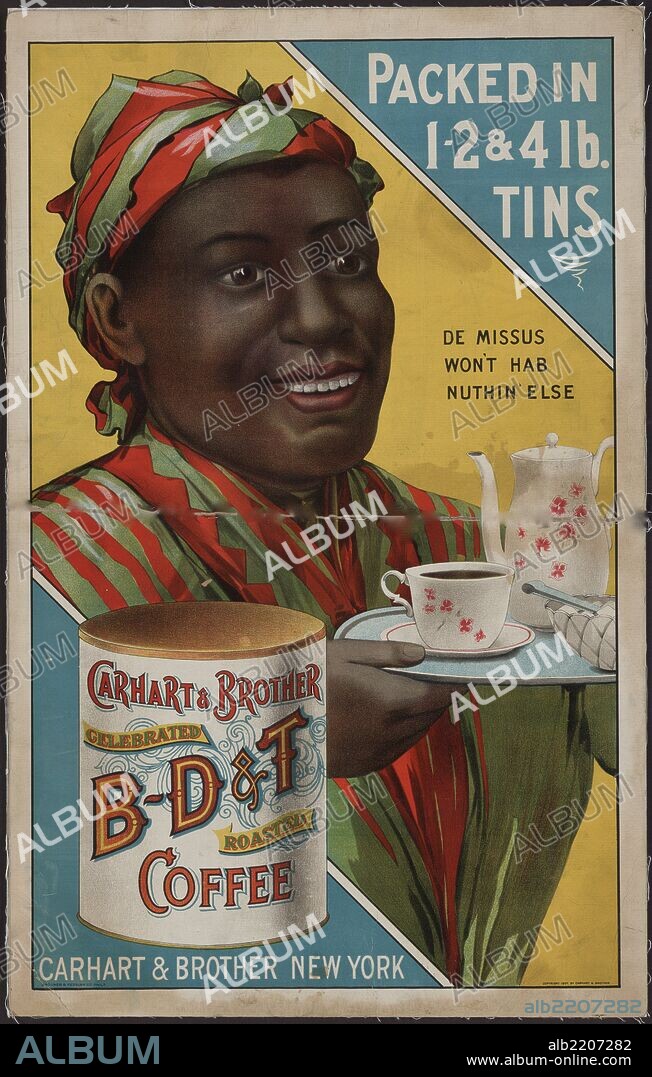 Advertisement for Carhart & Brother coffee, showing an African American woman holding a tray to serve coffee.