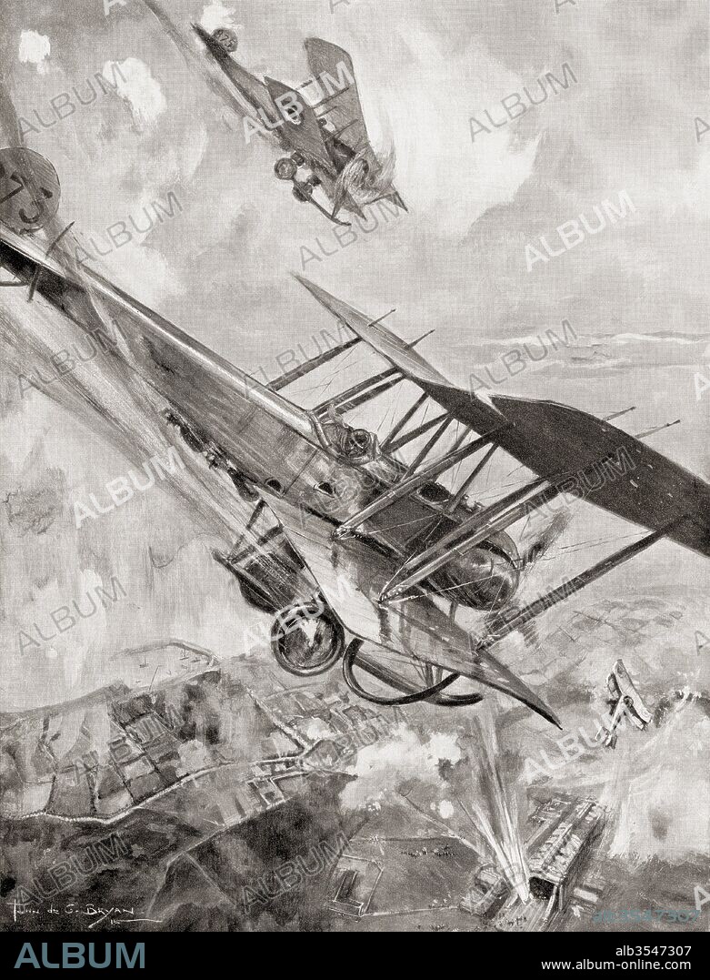 Squadron commander Briggs, Flight commander Babington and Flight lieutenant Sippe destroying Friedrichshaven Airship Factory, Lake Constance, Southern Germany in 1914 during World War One. From Deeds That Thrill The Empire, published 1919.