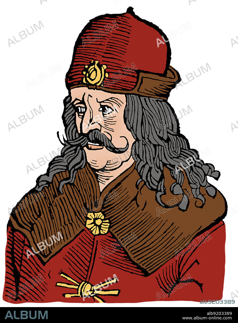 Vlad III, commonly known as Vlad the Impaler or Vlad Dracula (1428/31 ,Ai 1476/77), was Voivode of Wallachia three times. He is often considered one of the most important rulers in Wallachian history and a national hero of Romania. Notorious for his cruelty, his patronymic inspired the name of Bram Stoker's literary vampire, Count Dracula. Illustration after a 16th-century engraving. Colorized.