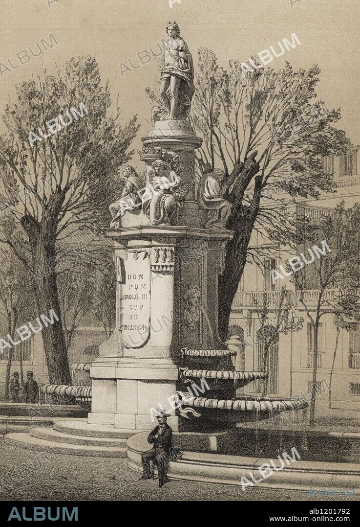 Fuente de Apolo, también llamada de las Cuatro Estaciones. Iniciada en 1780 bajo el reinado de Carlos III, se inauguró en 1803. Grabado de 1870.