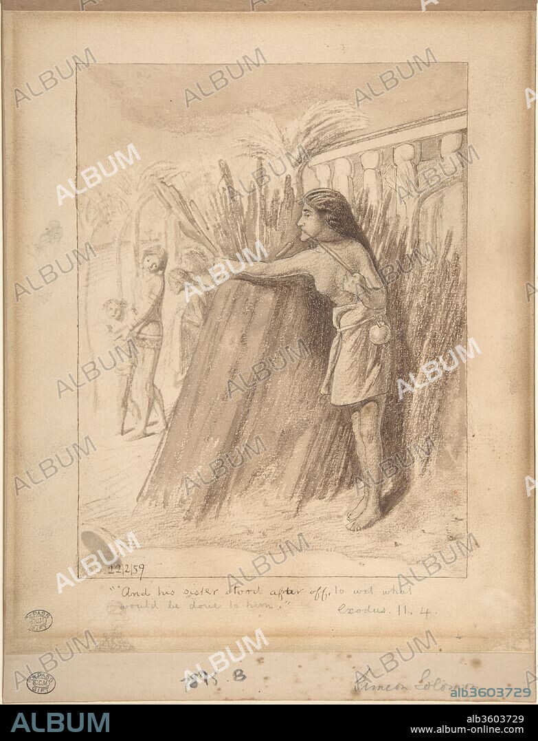 Miriam Watching the Finding of Moses in the Bulrushes. Artist: Simeon Solomon (British, London 1840-1905 London). Dimensions: sheet: 10 x 8 7/16 in. (25.4 x 21.5 cm). Date: February 22, 1859.
As the youngest child in a Jewish family that produced three artists, Solomon began to draw at an early age and was encouraged by Dante Gabriel Rossetti. Favoring Old Testament subjects, he sketched this composition one year after exhibiting his first oil at the Royal Academy. The story of the infant Moses is told from an unusual perspective, with the focus placed on his teenage sister Miriam. Hidden behind rushes, she watches an Egyptian princess who gestures as she notices the basket containing the baby. We cannot see him, and Miriam's tense posture leaves the story's outcome unresolved.