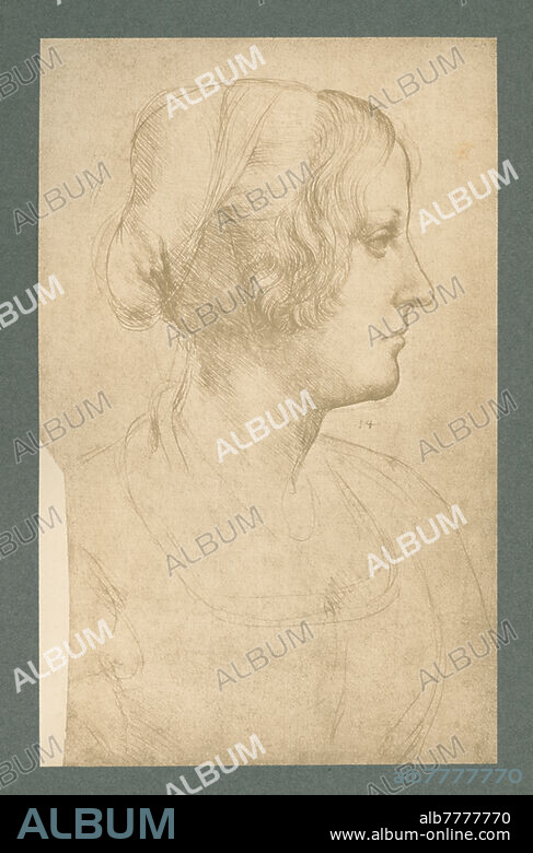 Leonardo da Vinci, 1452-1519. "Half-length portrait of a young woman, profile to the right". Facsimile of the original "Portrait of a woman in profile", c. 1485/90 (metalpoint on cream prepared paper, 320 × 200 mm. Windsor Castle, Royal Library, RL 12505 r, RCIN 912505). Reproduction (carbon print) after photography of Photographische Kunstanstalt Adolphe Braun (Adolphe Braun, 1812-1877, in collaboration with Charles Braun, 1815-1872, Henri Braun, 1837-1876, and Gaston Braun, 1845-1928). From the portfolio: Drawings by Leonardo da Vinci. Reproduced and published by Braun and Cie., Paris, Dornach (Alsace), London and New York, part I, 60 hand drawings on 40 plates, no. 32. Private collection.